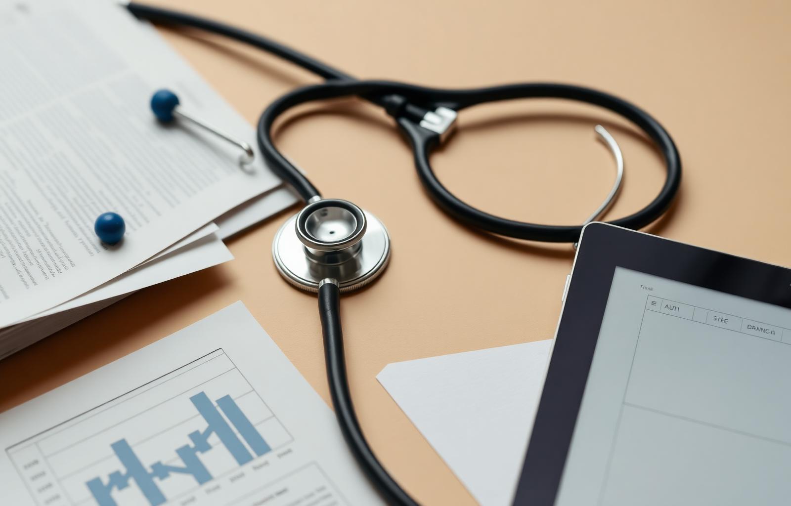 Research desk with papers and stethoscope